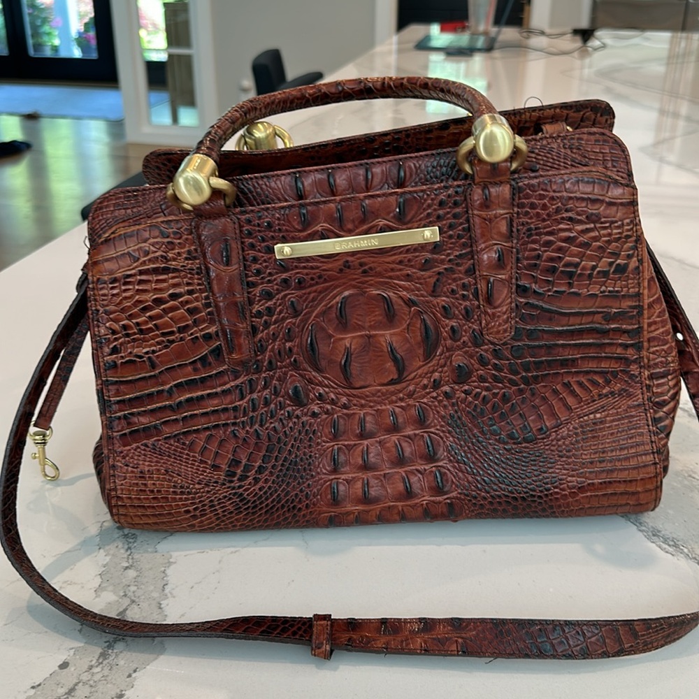 Brahmin Brown Crocodile Embossed Satchel with Gold Accents - Picture 7 of 16